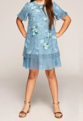 Tadashi Shoji Kids Bella Blossom Lace Dress in Blue Girls/Teens SIZE 12 - Image 1 of 4