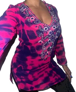 Blue Island Swim Cover Up Dream Dress Print Tie Dye Pink Purple Embellished Sz S - Picture 1 of 6