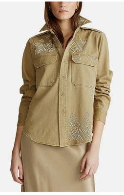 Polo Ralph Lauren Ghapsa Tostado Cuentas Sarga Caqui Camisa Abotonada Para Mujer XLarge Foto 1 de 4