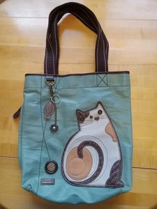 Chala Cat Tote Bag Teal Faux Leather Brown Straps Kitty Purse - Picture 1 of 4