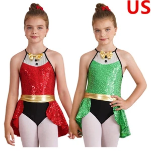 Mädchen Weihnachten Kostüm Verkleidung ärmellos Pailletten Ballett Trikot Overall - Bild 1 von 21