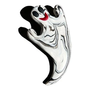 Halloween Art Ghost Black And White Wood Swirl Pin Brooch Hand Crafted Folk Art - Picture 1 of 4