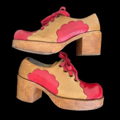 Vintage 1960s 1970s Mod Platform Loafer Shoes Groovy Disco Heels Leather - Image 1 of 4