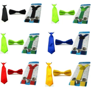 Child Kid School Boy Solid Tie Necktie Bowtie Elastic Y-Back Suspender Brace Set - Picture 1 of 7