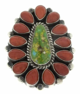 8 - Sonoran Gold Turquoise & Coral Cluster Ring By Navajo Artist Tyler Brown - Picture 1 of 4