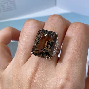 Large Smoky Quartz Gemstone Ring 15x20mm 925 Sterling Silver, Smoky Quartz Ring - Picture 1 of 4
