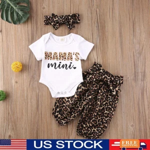 3PCS Baby Girl Clothes Letter Print White Romper Bodysuit Leopard Pants Headband - Picture 1 of 8