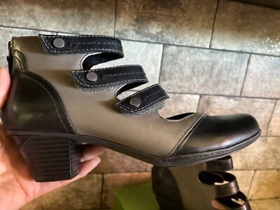 Earth Serano Triple 3 Strap Shootie Bootie Black Gray 8B Adjustable 2" Heel NEW - Image 1 of 4