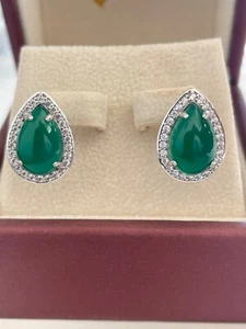 Earring silver925 studded Green agate n cubic zirconia - Picture 1 of 2