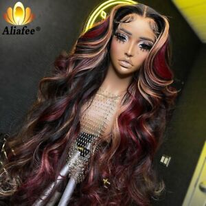 Highlights Red Blonde 13X6 Transparent Lace Front Human Hair Wigs PrePlucked