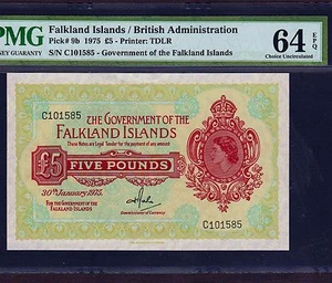 Falkland Islands 5 Pounds 1975 P-9b * PMG Unc 64 EPQ * Queen Elizabeth * - Picture 1 of 2