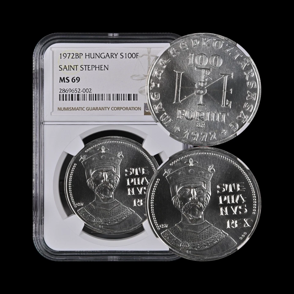 HUNGARY. 1972, 100 Forint, Silver - NGC MS69 - Top Pop 🥇 Saint Stephen, RARE - Image 1 of 4