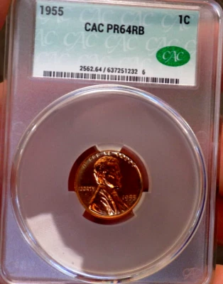 LINCOLN WHEAT CENT 1955 CAC PR 64RB NICE PROOF RED TO RED BROWN CENT - Image 1 of 3