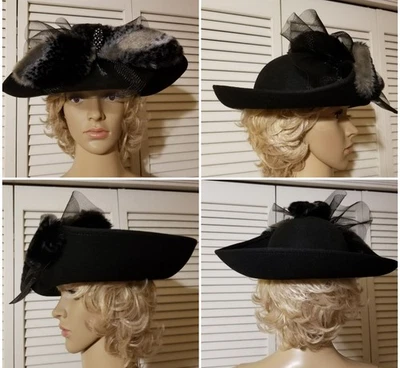 Vintage Jezebel Fancy Dress Hat Black Embellished Church Derby Party - Image 1 of 4