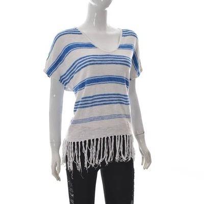 Pantalones de mezclilla Ralph Lauren para mujer mezcla de lino borla flecos tejido top a rayas azul boho Foto 1 de 4