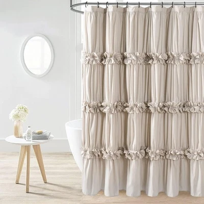 Gorgeous Fabric Rosette Shower Curtain Elegant White Ruched Clean Anthropologie - Image 1 of 4