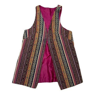 Vintage Woven Tapestry Striped  Multicolor Sleeveless Vest Ethnic Open Front - Image 1 of 3
