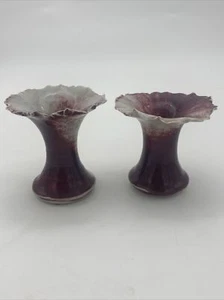 Pair Of Vintage Clamshell Pottery Vases Signed Valde Cranberry Red MCM - Picture 1 of 24