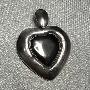 Retro Vintage Heart Shaped Pendant Silver Plated Hematite Cabochon - Picture 1 of 8