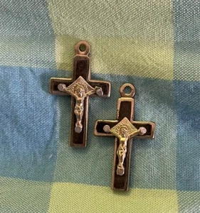 2 Antique French Pendant cross 1” Crucifix Necklace Gothic 1800s Silver Rosary - Picture 1 of 20