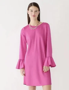 J Crew Pink Shift Dress Sz 4 Ruffle Long Sleeve Crew Neck Satin Crepe Sz 6 NEW - Picture 1 of 7