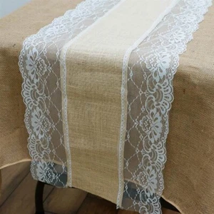 12 pcs LACE on NATURAL BURLAP 14x108" TABLE RUNNERS Wedding Party Linens SALE - Picture 1 of 3