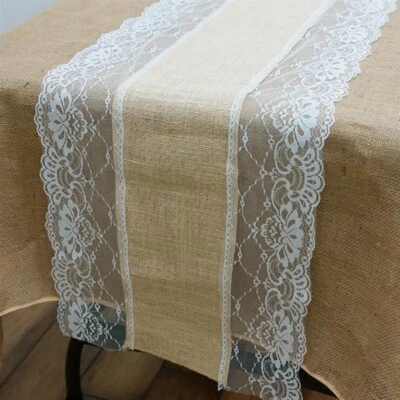 12 pcs LACE on NATURAL BURLAP 14x108" TABLE RUNNERS Wedding Party Linens SALE - Image 1 of 3