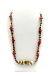 NOS 1970s Glass Tubular Bead & Natural Wood Beaded 26" Necklace - Picture 1 of 4