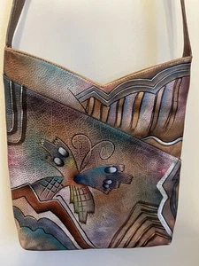 ANUSCHKA Schultertasche Handtasche Leder handbemalt Schmetterling wunderschön * Staubbeutel - Bild 1 von 13