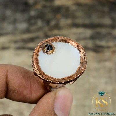 Copper Mother Of Pearl Gemstone Black Onyx Electroformed Stackable Ring Jewelry - Image 1 of 4