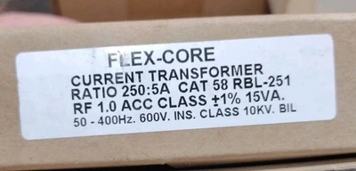 NEW FLEX-CORE 600V 50-400Hz 250:5A RATIO CURRENT TRANSFORMER 58 RBL-251: FLEX - Image 1 of 4