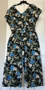 Kensie Jumpsuit Women's Medium Black Blue Hibiscus Floral Linen V Neck Cropped - Picture 1 of 11