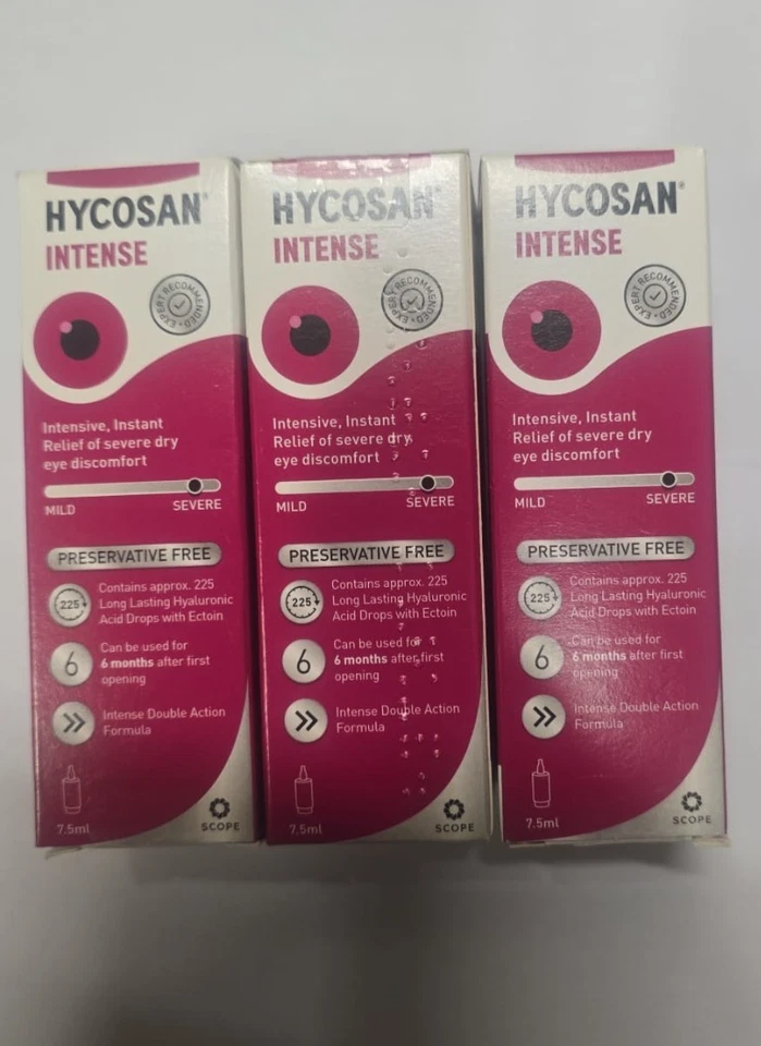 x3 Hycosan Intense 7.5ml Eye Drops - Preservative Free Exp date 03/2027