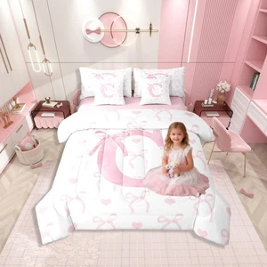 Cartoon Rosa Schleife Twin Size Bettdecke Set mit Laken, Verträumte Prinzessin Mädchen B... - Bild 1 von 7
