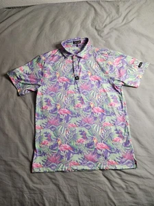 Bad Birdie Flamingo Tropical Polo Shirt Mens Sz Large Colorful Golf Graphic NEW - Picture 1 of 8