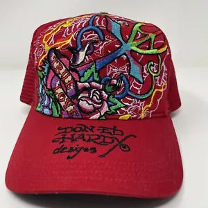 Sombrero Ed Hardy de Christian Audigier Rojo Snap Back Malla True Love Trucker Y2K - Imagen 1 de 12