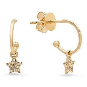 Real Pave Diamond Star Charm Hoops 14k Yellow Gold Earrings Fine Jewelry Gifts - Picture 1 of 2