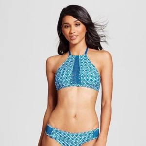 Mossimo XL Juniors Bikini Top High Neck Teal Geometric Print Modest New A1P - Picture 1 of 8