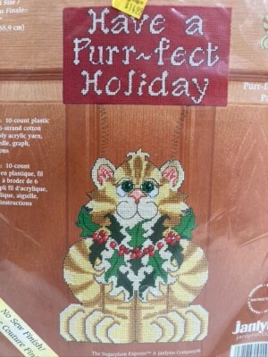 SEALED 2002 Janlynn HAVE A PURR-FECT HOLIDAY CAT Kit #SGP-1431 Plastic Canvas - Image 1 of 4