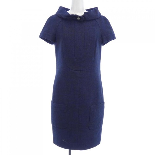 Abito CHANEL manica corta donna taglia 36 blu navy lana COCO MARK