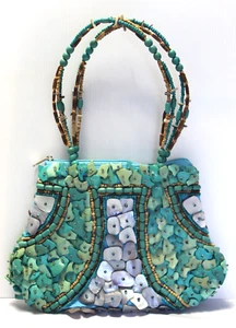Hand Crafted Shell Beaded Purse Handbag Turquoise Zip Closure Gregory Ladner VGC - Picture 1 of 24