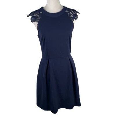 Speechless Navy Blue Crew Neck Lace Shoulder Sleeveless Fit & Flare Mini Dress M - Image 1 of 4