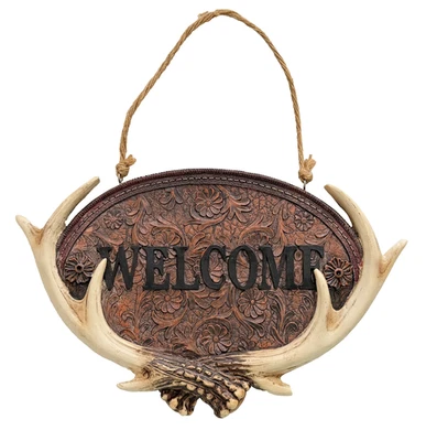 Woodland Antler Welcome Plaque Realistic Rustic Deer Cabin Northwoods Wall Decor - Image 1 of 4