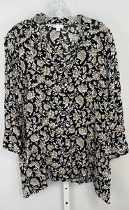J. Jill Black Tan Floral Rayon Button Front Blouse L Boho Artsy Cottagecore - Picture 1 of 10