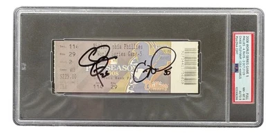Chase Utley Cole Hamels Signed Phillies 2008 WS Gm 5 Ticket PSA NM-MT8 Auto 9 - Image 1 of 2