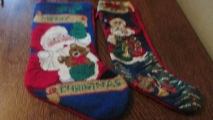 TWO NEEDLEPOINT CHRISTMAS SANTA STOCKINGS - Picture 1 of 2