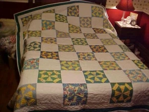 Hand made QUILT, FAN BLADE in GREEN,   YELLOW NOVELTY PRINTS - Picture 1 of 11