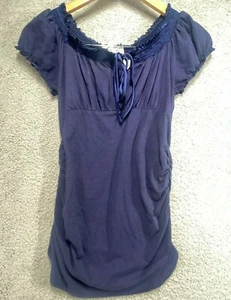 Twisted Courtesy Womens Juniors Puff Sleeve Top Blouse Navy Blue Size L 11/13 - Picture 1 of 7