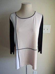 Womens Calvin Klein Block Top Shirt L Tan White Black Lined 3/4 Sleeves - Picture 1 of 7
