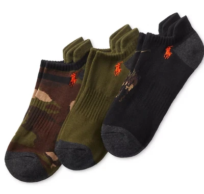 Paquete de 3 calcetines Polo Ralph Lauren para hombre camuflaje pony corte bajo Foto 1 de 4